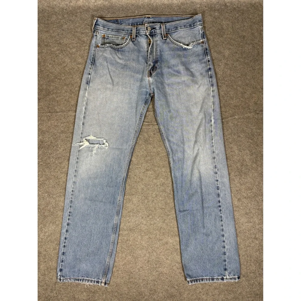 Levis 505 Regular Fit Straight Leg Light‎ Wash Distressed Blue Jeans Mens 35x32